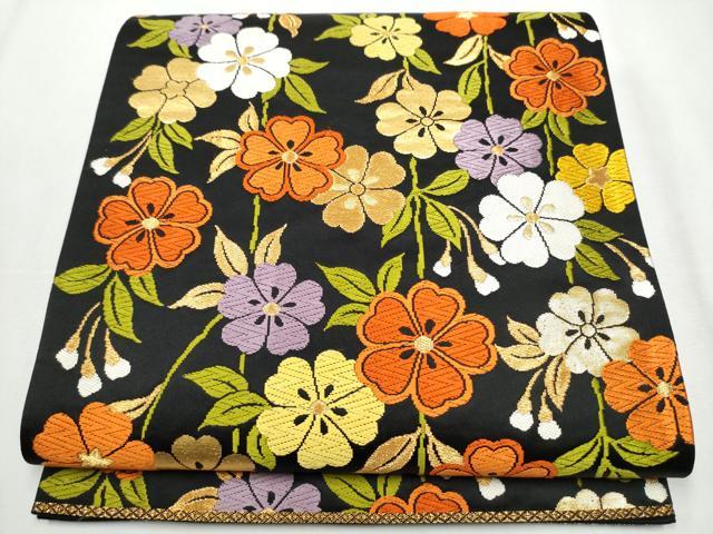 平和屋着物●六通柄袋帯　唐織　枝垂れ花文　黒地　金糸　正絹　逸品　CABA4943hy