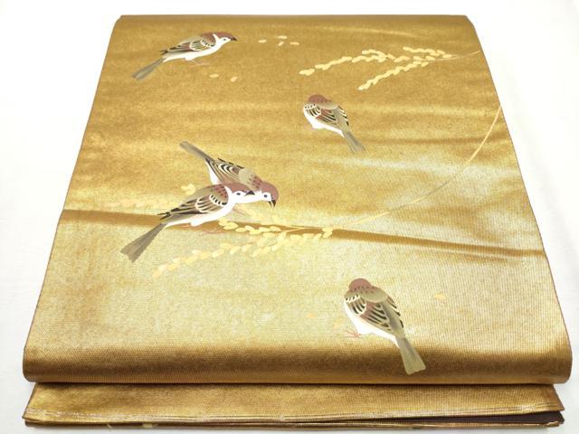 平和屋着物●太鼓柄袋帯　雀　枝葉文　引箔　正絹　逸品　CABA4948hy