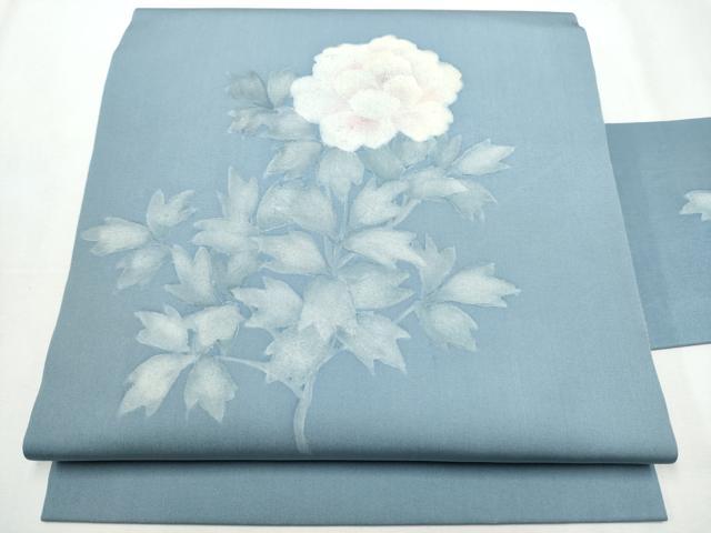 平和屋着物●塩瀬　九寸名古屋帯　手描き　刺繍　枝牡丹　正絹　逸品　CABA4955hy