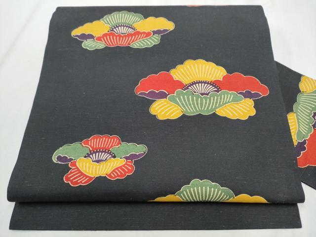 平和屋着物●全通柄　九寸名古屋帯　紬地　型染め　舞花文　正絹　逸品　CABA4958hy