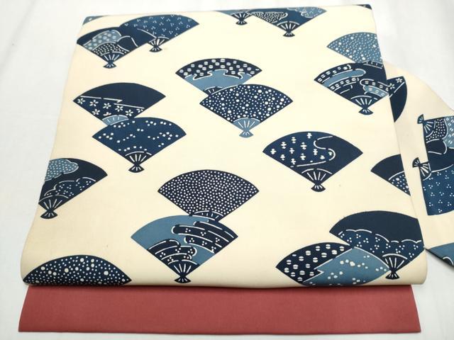 平和屋着物●塩瀬　全通柄　九寸名古屋帯　型染め　扇面吉祥文　正絹　逸品　CABA4965hy