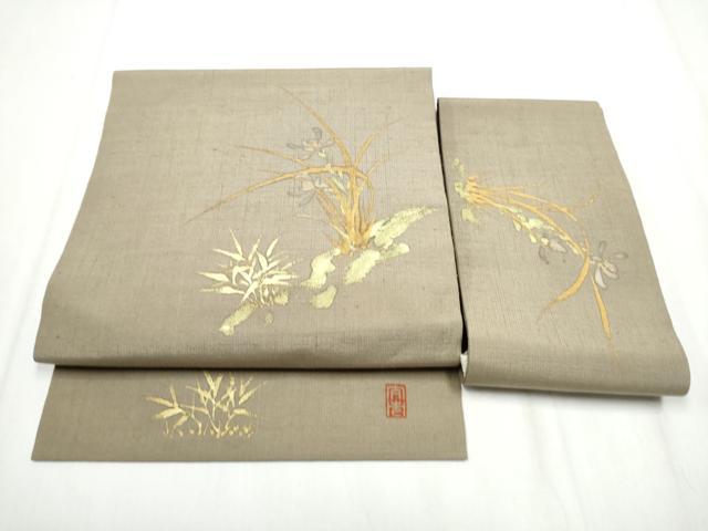 平和屋着物●つけ帯　作家物　紬地　草花文　金彩　正絹　逸品　CABA4977hy