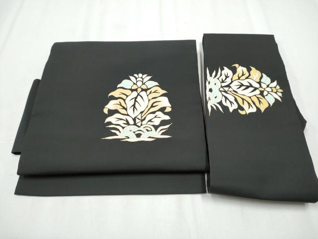 平和屋着物●塩瀬　つけ帯　名物裂　舞葉文　黒地　金彩　正絹　逸品　CABA4990hy