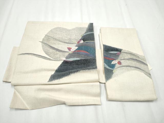 平和屋着物●西陣　老舗　渡文謹製　手織　つけ帯　紬地　紬地　満月　舞蝶文　正絹　逸品　CABA4992hy