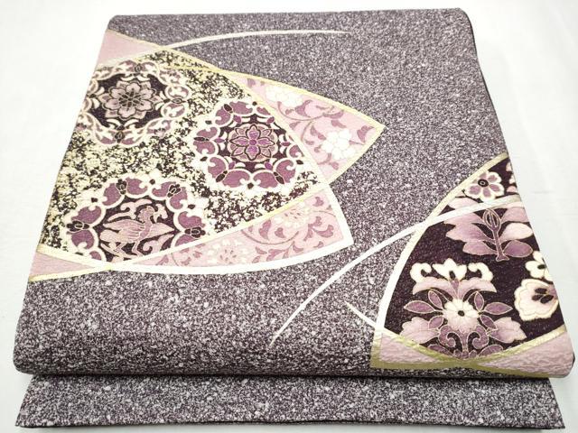 平和屋着物●太鼓柄袋帯　刺繍　貝紫　正倉院花唐草文　銀通し地　正絹　逸品　CABA5017hy