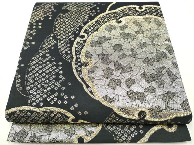 平和屋着物●六通柄袋帯　雪輪箔散らし文　黒地　金銀糸　正絹　逸品　CABA5024hy