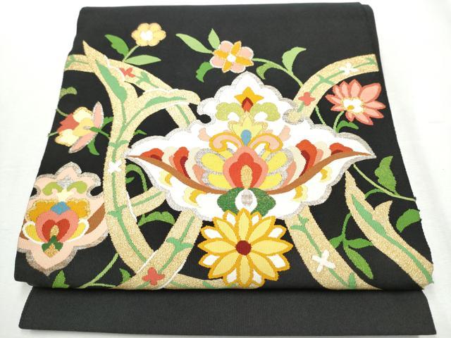平和屋着物●爪掻き本綴れ　八寸名古屋帯　吉祥花文　黒地　金銀糸　正絹　逸品　CABA5063hy