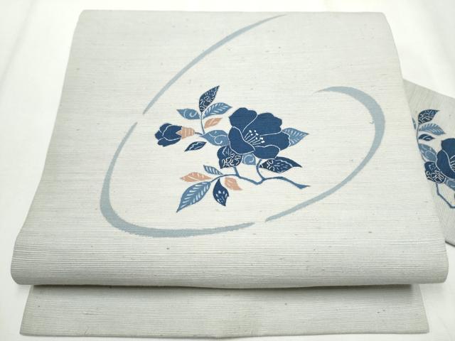 平和屋着物●九寸名古屋帯　ぜんまい紬　型染め　枝花文　正絹　逸品　CABA5072hy