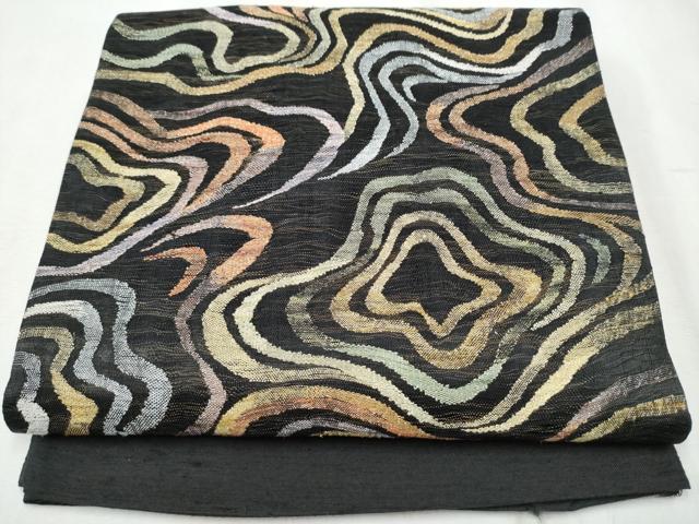 平和屋着物▽スリーシーズン　春夏秋　太鼓柄袋帯　櫛織　墨流し文様　黒地　金糸　正絹　逸品　未使用　CABA5108hy