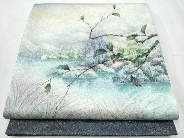平和屋着物●染織界の匠　村松祥三　太鼓柄袋帯　手描き　風景枝花文　銀通し地　正絹　逸品　CABA5146hy