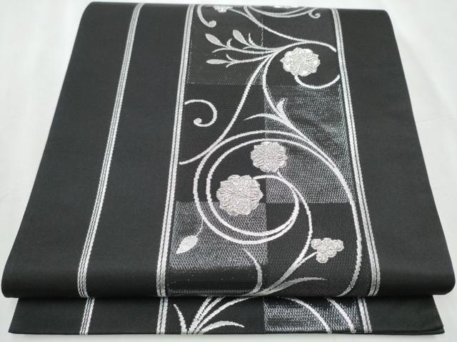 平和屋着物●六通柄袋帯　花唐草文　黒地　銀糸　正絹　逸品　CABA5152hy