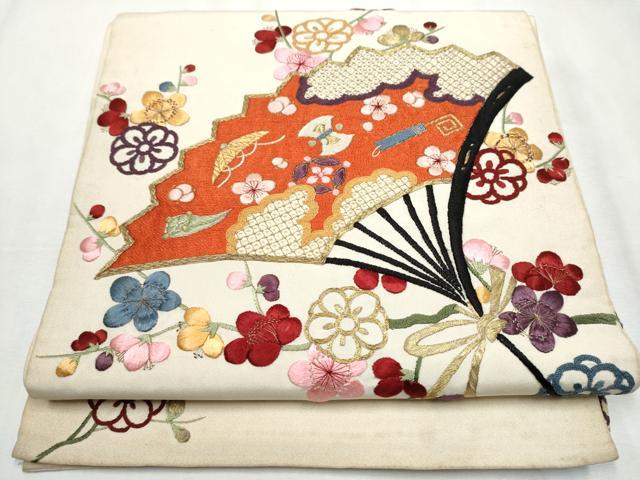 平和屋着物●アンティーク　大正ロマン　太鼓柄袋帯　総手刺繍　宝尽くし扇面花文　金糸　正絹　逸品　CABA5157hy