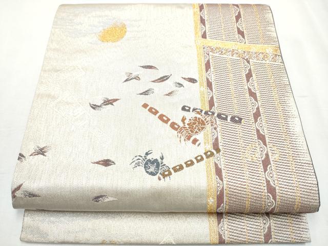 平和屋着物●両面　六通柄袋帯　月　蟹　横笛　舞葉文　金糸　正絹　逸品　CABA5172hy