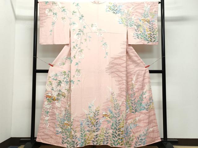 平和屋着物●訪問着　鴛鴦草花文　たたき染め　正絹　逸品　CABA6024vf