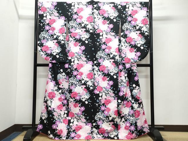 平和屋着物●H・L（アッシュエル）　HENRI-LUC CHAPUIS　小振袖　二尺袖　舞花文　黒地　金彩　洗える着物　CABA6082vf