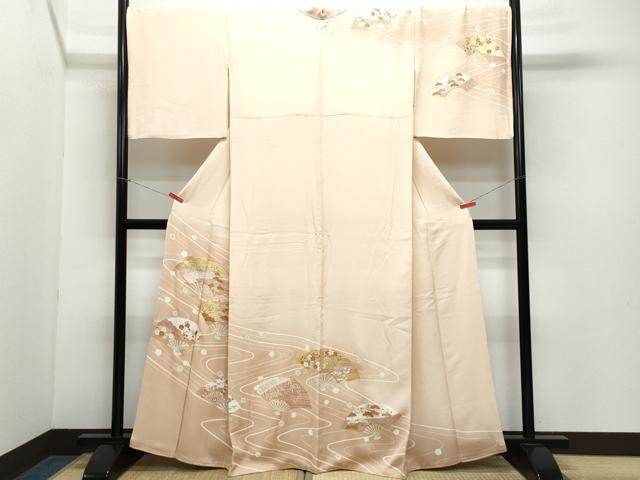 平和屋着物●銀座きしや　訪問着　駒刺繍　流水扇面松花文　金彩　正絹　逸品　CABA6102vf