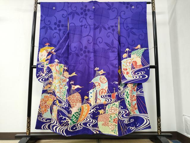 平和屋着物●アンティーク　大正ロマン　振袖　立波帆船吉祥花唐草文　金彩　正絹　逸品　CABA6219yc