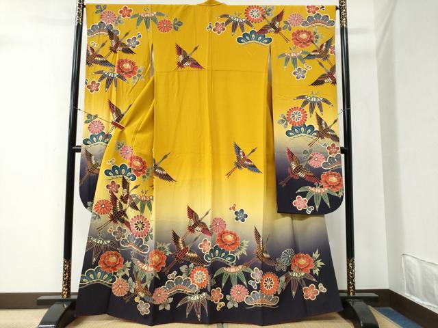 平和屋着物●手ざし京紅型染・宮崎紅型　宮崎良次　振袖　飛鶴松竹梅花文　暈し染め　正絹　逸品　CABA6238yc