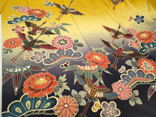 平和屋着物●手ざし京紅型染・宮崎紅型　宮崎良次　振袖　飛鶴松竹梅花文　暈し染め　正絹　逸品　CABA6238yc 平和屋着物○手ざし京紅型染・宮崎紅型 宮崎良次 振袖 飛鶴松竹梅花文