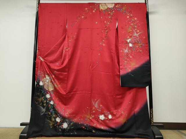 平和屋着物●豪華振袖　刺繍　花蝶文　暈し染め　金彩　正絹　逸品　CABA8089ut