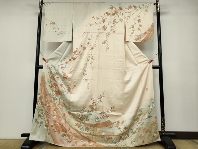 平和屋着物●訪問着　作家物　駒刺繍　枝花文　暈し染め　金彩　正絹　逸品　CABA8109ut 平和屋着物○訪問着 作家物 駒刺繍 枝花文 暈し染め