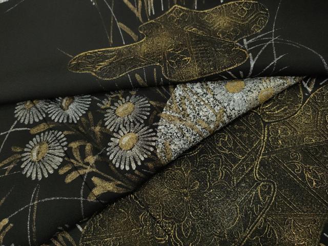 平和屋着物●英王室献上友禅作家 木下勝功 中国三大刺繍 スワトウ刺繍 訪問着 手描き エ霞草花文 たたき染め 黒地 金銀彩 逸品 CABA8152ut