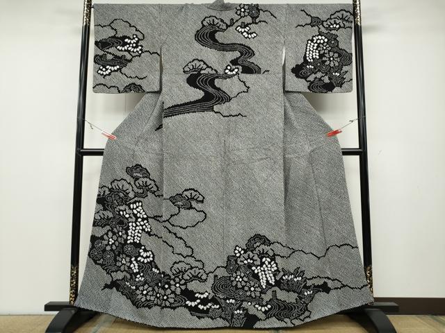 平和屋着物●訪問着　総絞り　流水草花文　黒地　鈴乃屋扱い　正絹　逸品　CABA8155ut