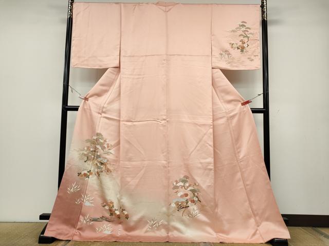 平和屋着物●訪問着　駒刺繍　船檜扇草花文　金彩　ロング丈　正絹　逸品　CABA8178ut