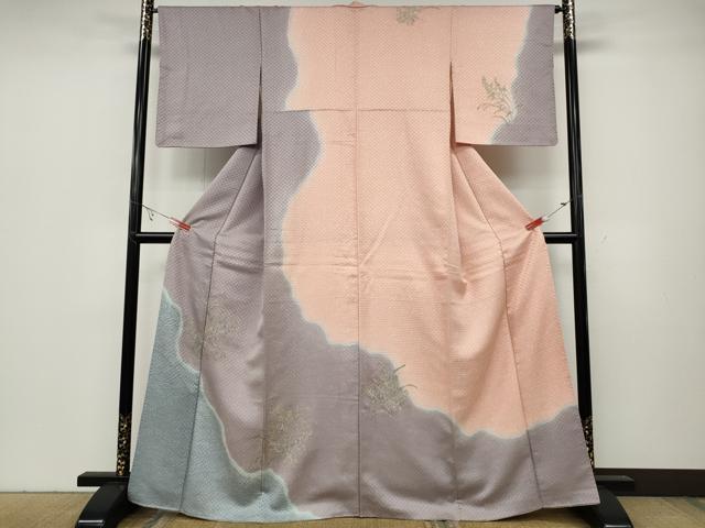 平和屋着物●訪問着　市松綾織　刺繍　霞草花文　金彩　正絹　逸品　CABA8205ut