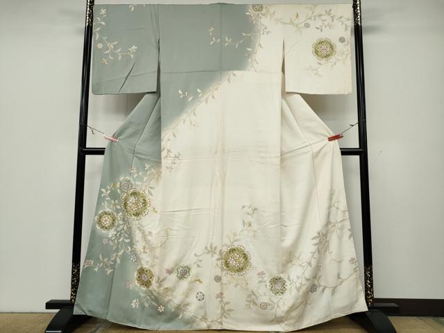 平和屋着物●訪問着　駒刺繍　草花文　暈し染め　金彩　正絹　逸品　CABA8214ut
