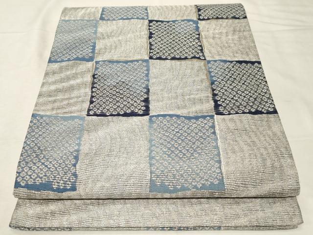 平和屋着物●太鼓柄袋帯　藍楽趣　灰汁発酵達本藍染　瓦文　銀通し地　正絹　逸品　CABA9141dy