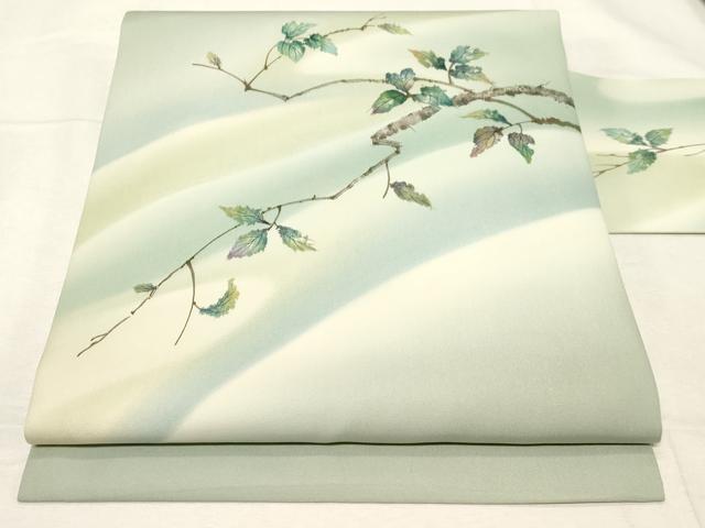 平和屋着物●染織界の匠　村松祥三　塩瀬　九寸名古屋帯　手描き　枝葉文　逸品　CABA9184dy