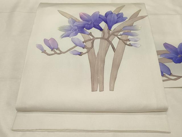 平和屋着物●塩瀬　九寸名古屋帯　作家物　手描き　ろうけつ染め　草花文　正絹　逸品　未使用　CABA9198dy