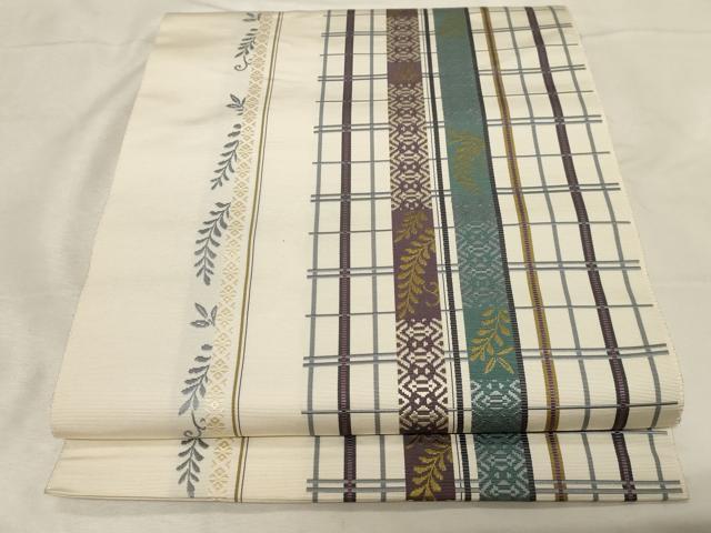 平和屋着物●本場筑前博多織　八寸名古屋帯　格子草木文　献上　正絹　逸品　CABA9200dy