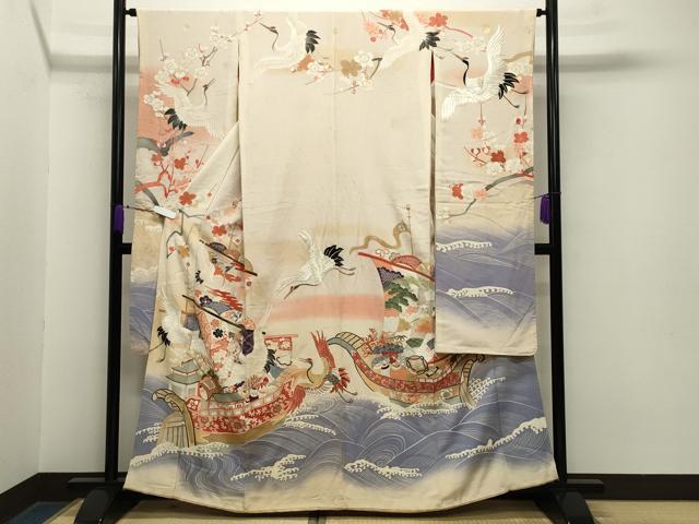 平和屋着物●アンティーク　大正ロマン　中国三大刺繍　相良刺繍　駒刺繍　振袖　宝船飛鶴梅文　暈し染め　金銀彩　正絹　逸品　CABA9765gh