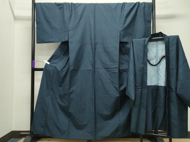 平和屋着物●男性　紬　アンサンブル　霞文　濃藍色　キングサイズ　正絹　逸品　CABA9842gh