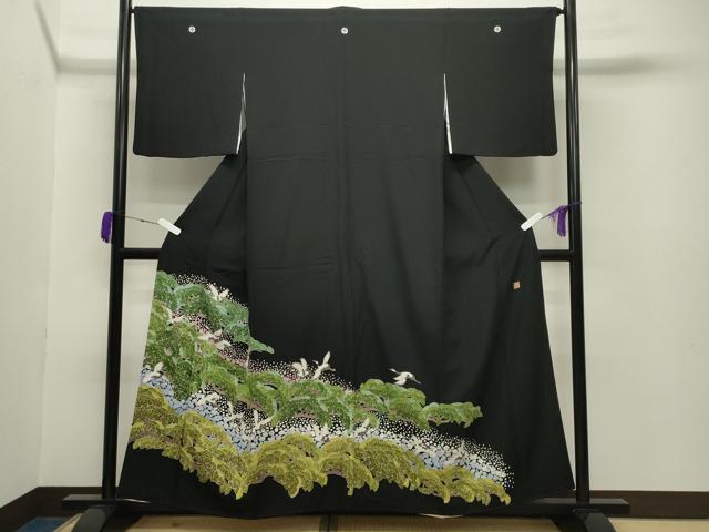 平和屋着物●豪華黒留袖　友禅　作家物　群鶴松梅文　正絹　逸品　CABA9925gh