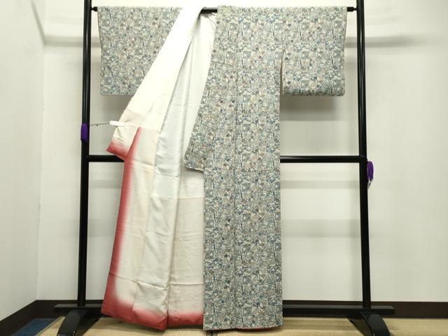 平和屋着物●上質な小紋　藍　型染め　笹竹花文　鬼しぼ縮緬　正絹　逸品　CABB0045gh_2