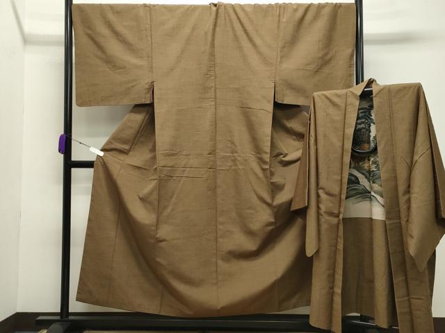 平和屋着物●男性　紬　アンサンブル　路考茶色　キングサイズ　正絹　逸品　CABB0054gh