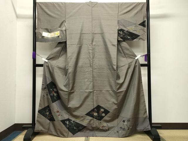 平和屋着物●本場縞大島紬　訪問着　切嵌草花文　寿紬工場謹製　証紙付き　正絹　逸品　未使用　CABB0183gh
