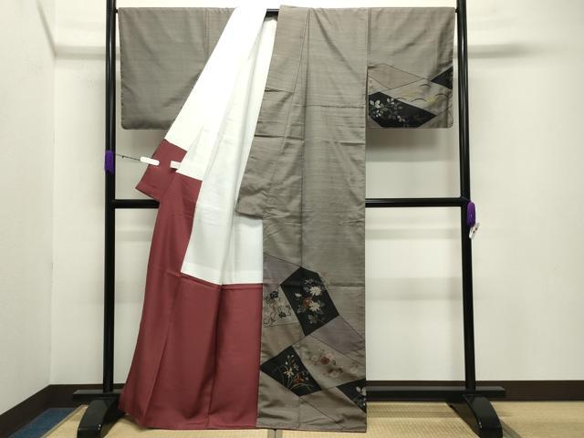 平和屋着物●本場縞大島紬　訪問着　切嵌草花文　寿紬工場謹製　証紙付き　正絹　逸品　未使用　CABB0183gh