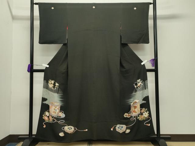 平和屋着物●アンティーク　大正ロマン　黒留袖　貝桶花文　暈し染め　金彩　正絹　逸品　CABB0254gh