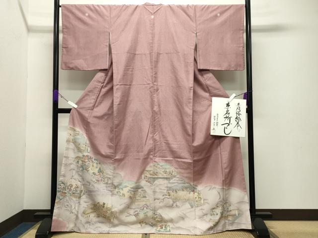 平和屋着物●創業140年　小糸染芸の四代目　小糸敏夫　色留袖　紬地　京風俗絵巻　京名所づくし　色紙付き　正絹　逸品　CABB0303gh 平和屋着物○創業140年 小糸染芸の四代目 小糸敏夫 色留袖 紬地 京風俗