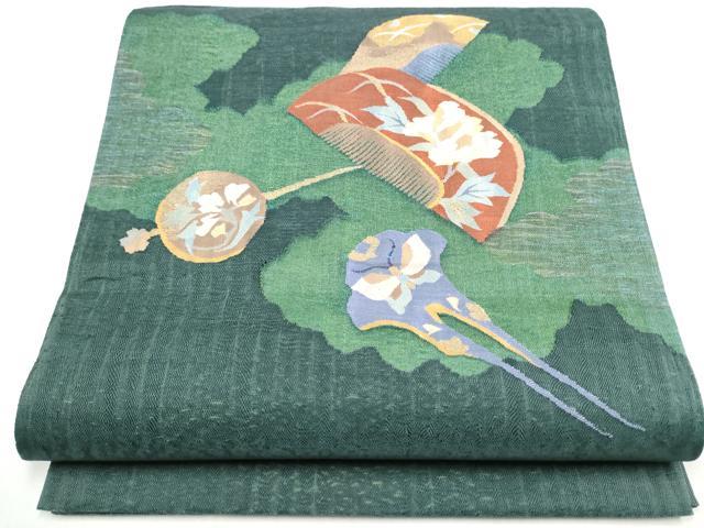 平和屋着物▽スリーシーズン　春夏秋　太鼓柄袋帯　すくい織　櫛　簪　花蝶文　金糸　正絹　逸品　CABB0410hy