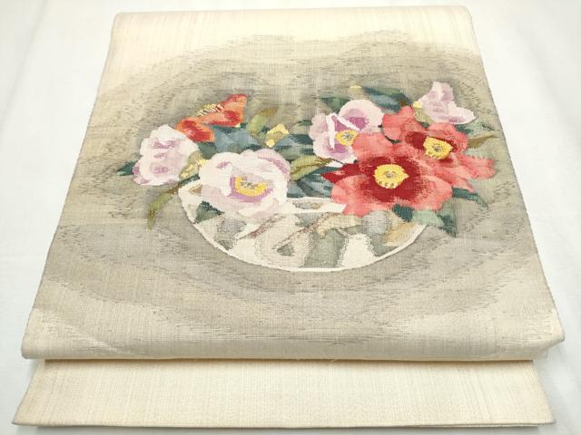 平和屋着物●太鼓柄袋帯　作家物　舞花文　銀糸　正絹　逸品　CABB0425hy