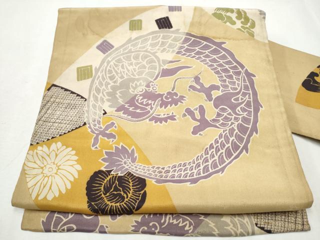 平和屋着物●アンティーク　大正ロマン　九寸名古屋帯　刺繍　龍　正絹　逸品　CABB0441hy