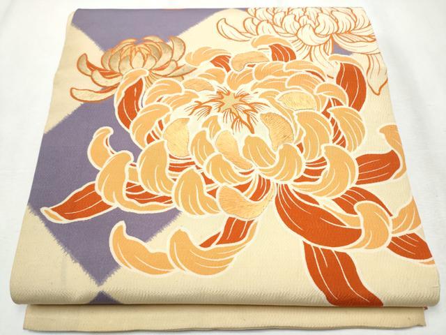 平和屋着物●アンティーク　大正ロマン　丸帯　駒刺繍　乱菊　引き抜き帯　正絹　逸品　CABB0447hy