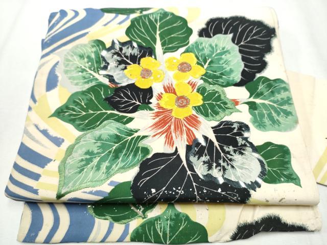 平和屋着物●アンティーク　大正ロマン　全通柄　九寸名古屋帯　刺繍　流水草花文　銀彩　正絹　逸品　CABB0448hy