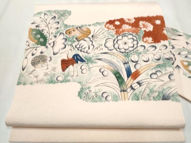 平和屋着物●九寸名古屋帯　手描き　辻が花　鬼しぼ縮緬　正絹　逸品　CABB0452hy