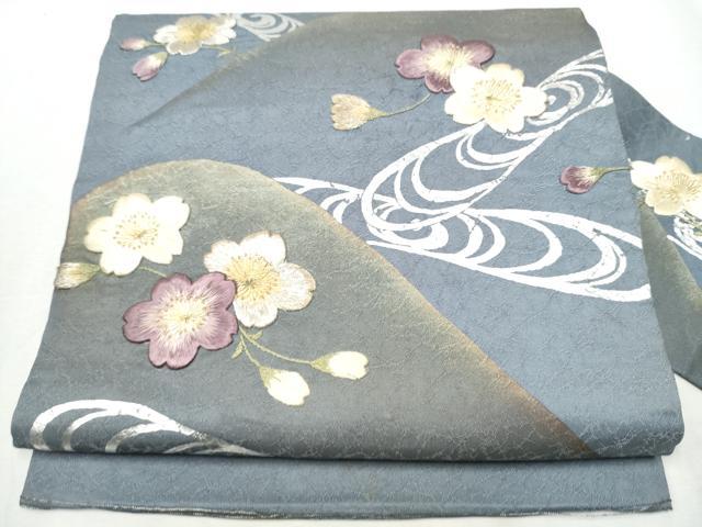 平和屋着物●アンティーク　大正ロマン　九寸名古屋帯　舞桜文　銀彩　正絹　逸品　CABB0455hy
